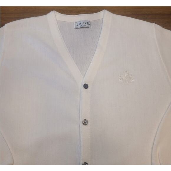 VTG IZOD 90s Grandpa Cardigan Men’s L Ivory Knit Tone Logo Made USA